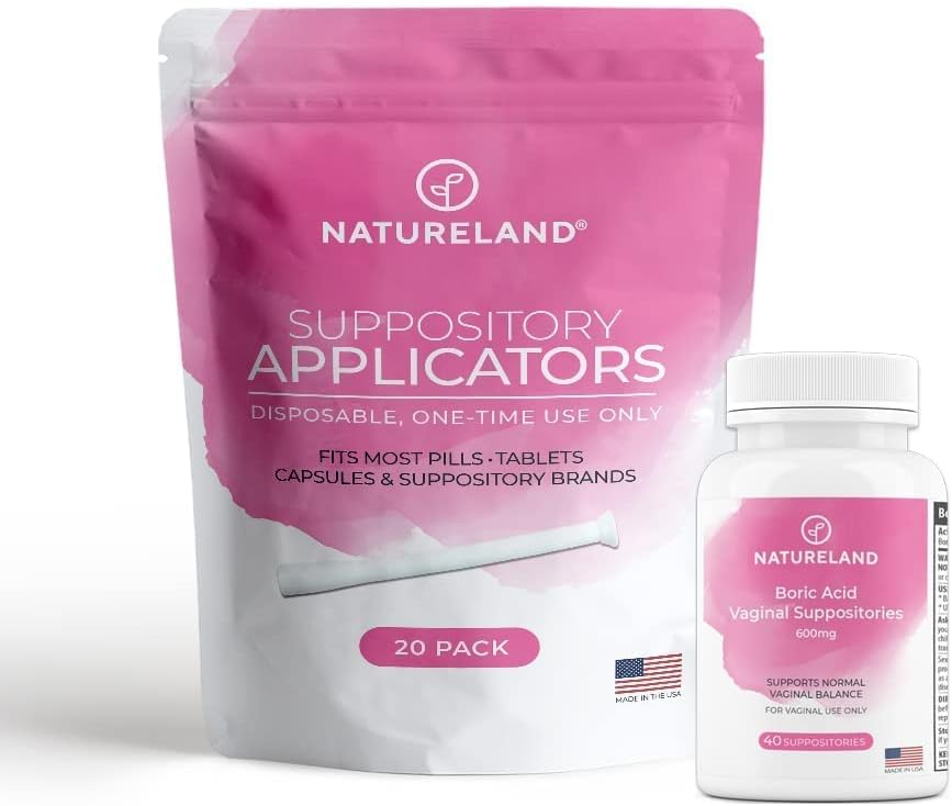 Natureland [40 Count Boric Acid Suppositories 600mg w/ [20 Pack] Vaginal Applicator - Feminine Care