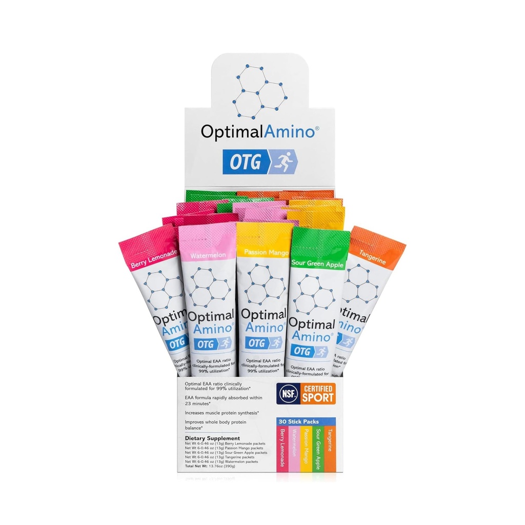 OptimalAmino OTG スティック パック, 5 味のバラエティ ボックス (30 カウント), 99% 利用エッセンシャル アミノ酸 (EAA) サプリメント, 筋肉の回復を増加します。, ビーガン/ケト プレ/ポスト ワークアウト, NSF スポーツのために認定