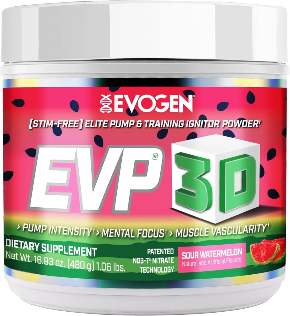 Evogen EVP 3D - Stim Free Pre Workout Powder for Men & Women | Sugar Free Non Stim Preworkout with Beta Alanine and Creatine for Energy & Pump | Sour Watermelon | 40 Servings