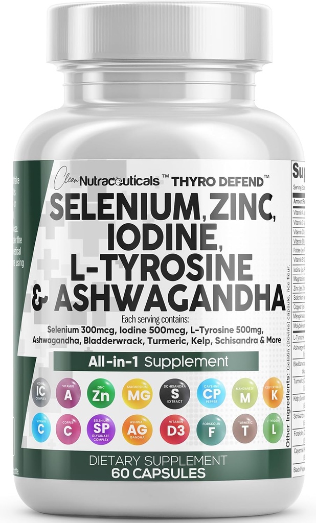 女性のためのきれいなNutra Selenium 300mcg Iodine 500mcg Thyroidサポート & 男性 | L Tyrosine 500mg Ashwagandhaの補足のぼうこう、タービン、ケルプ、Scisandra亜鉛丸薬のカプセルの補足