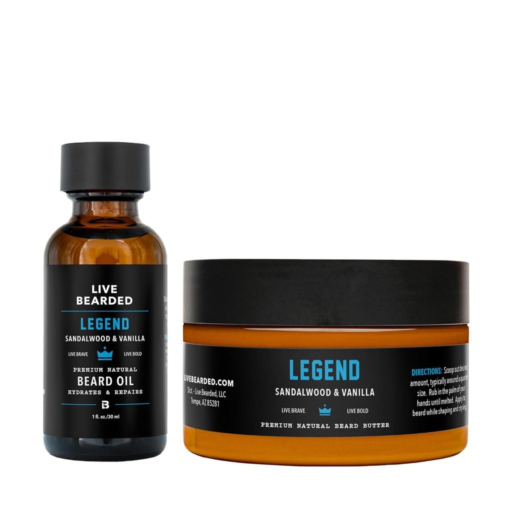 ライブベアードベアードオイルとバターグルーミングキット - 米国製 - Shea、Argan、Jojobaとのすべての天然成分 - 成長サポート | 伝説の香り - サンダルウッド、バニラ