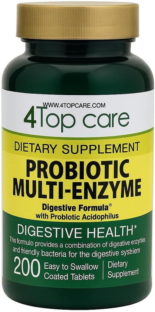 Probiotic Multi-Enzymes with Prebiotics and Probiotic Acidophilus for Digestive and Gut Health, Providing Relief from Meal-time discomfort and Bloating. Dietary Supplement, 200 Count.