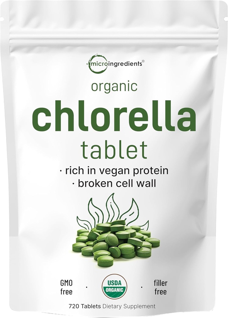 Organic Chlorella Tablets, 500mg Per Tablet, 720 Tabs (360 Grams), 4 Months Supply, Broken Cell Wall, Rich in Vegan Protein & Vitamins, No Filler, No Additives & Non-GMO | Pure Green Algae Superfood