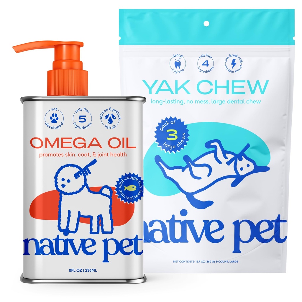 犬用ネイティブペットオメガオイル - 犬用魚油サプリメント&犬用ヤクシウズ | 牧場産・オーガニックヤクチーズ ヒマラヤ・チュルピ・チューウ | 8 Oz. & 3 大ヤクシウ
