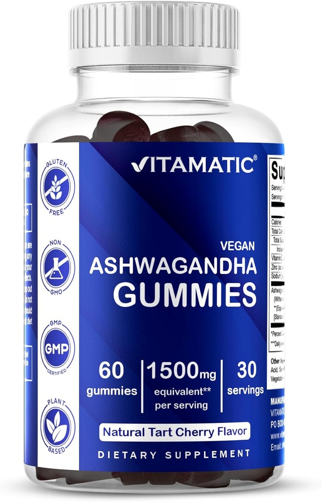 Vitamatic Ashwagandha Gummies 1500 mg Equivalent Per Serving (from 30:1 Extract 50 mg) - 60 Vegan Gummies - 3% Withanolides
