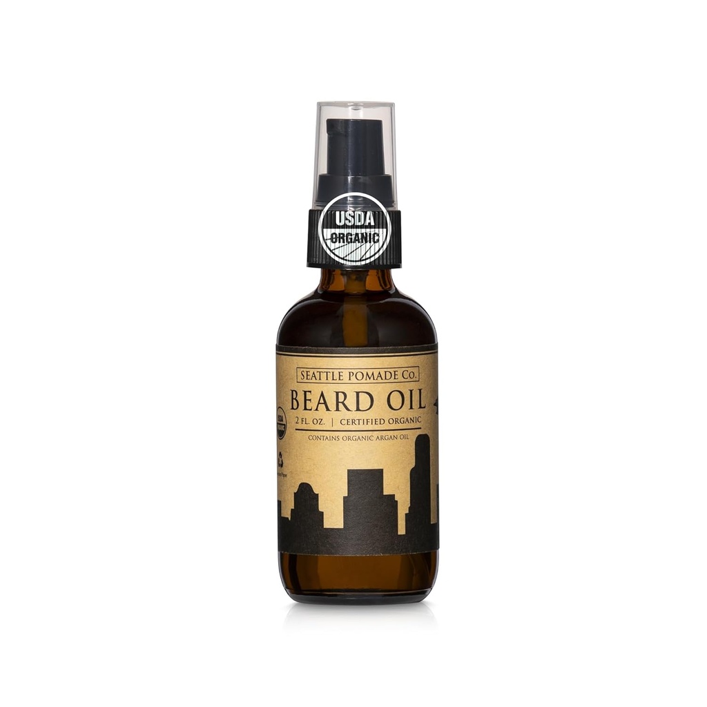 Seattle Pomade Co. Certified Organic Beard Oil for Men, Promotes Growth for Soft and Itch Free Facial Hair, Argan and Castor Oil. Globally sourced certified organic materials.