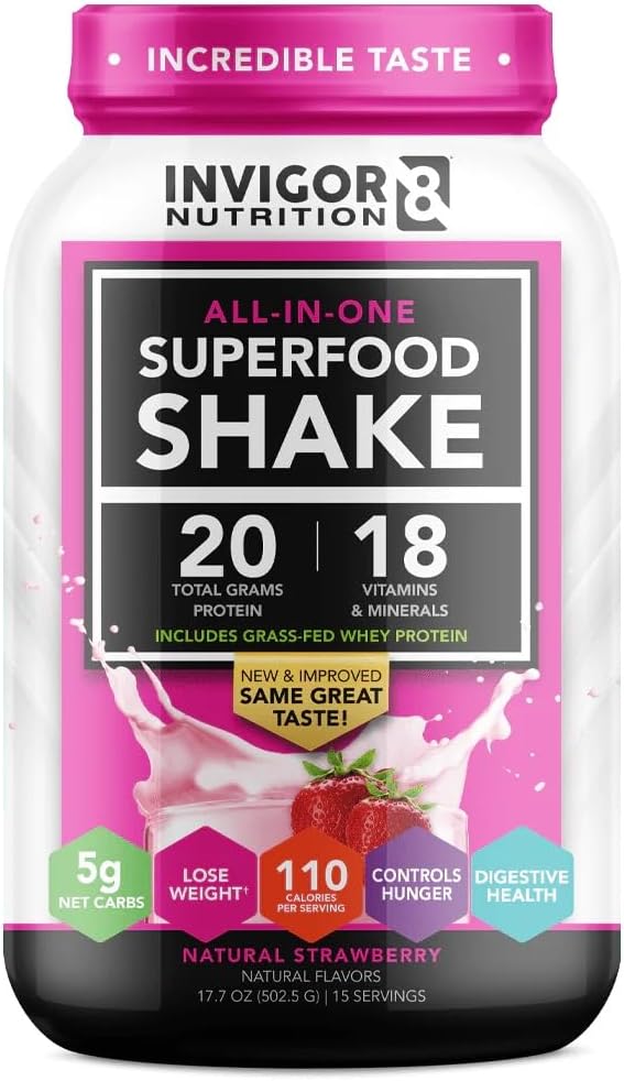INVIGOR8 Superfood Grass Fed Whey Protein Isolate Shake Natural Strawberry Gluten-Free and Non GMO Meal Replacement with Probiotics and Omega 3 (645g)