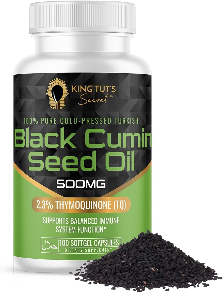 KING TUT'S SECRET Black Seed Capsules - 500 mg 100 Softgels - Nigella Sativa Extract, Black Cumin Supplement for Hair, Antioxidant Support, Immune System - Halal Black Seed Cumin Oil Capsules