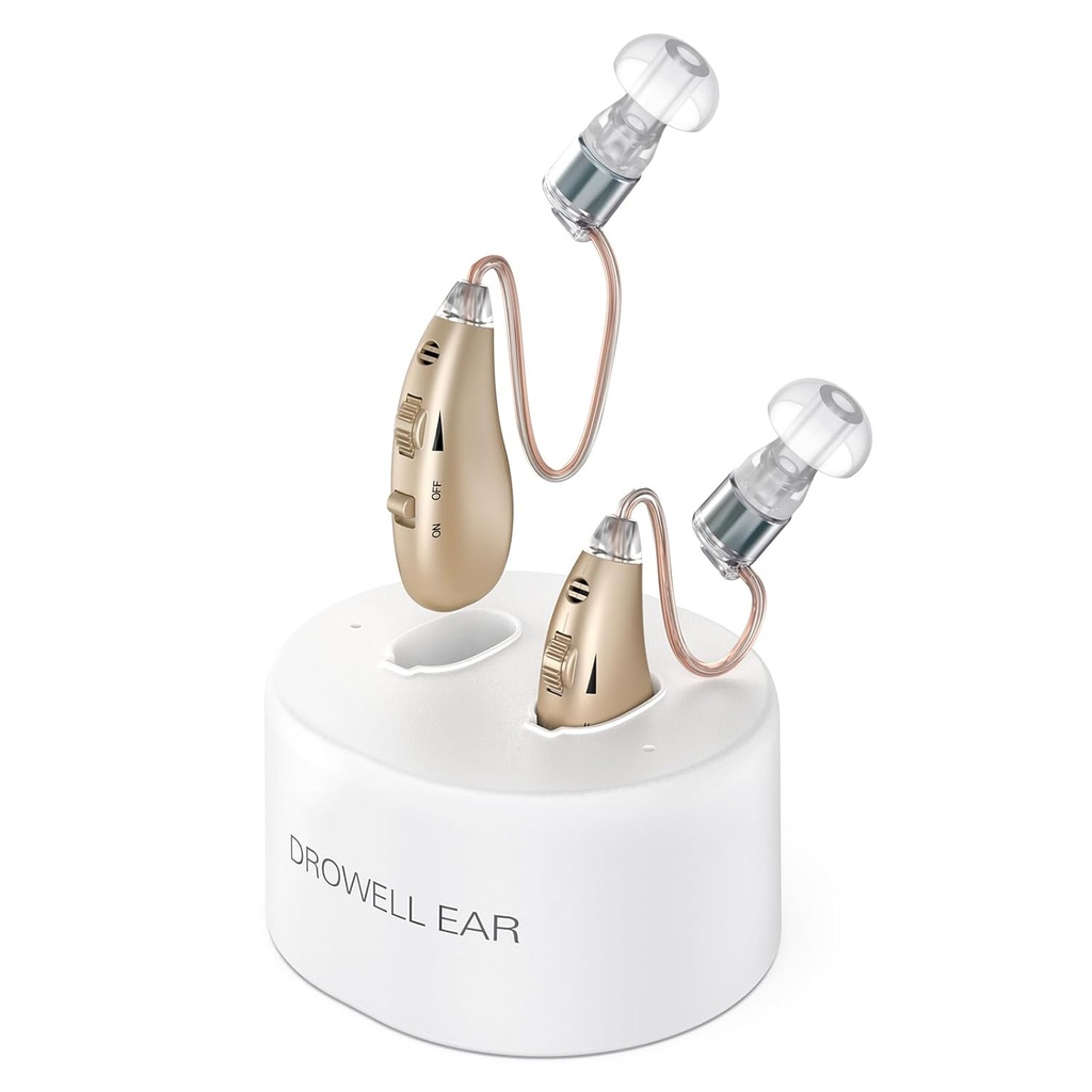 補聴器, ノイズキャンセリング付きシニア&大人のための充電式補聴器, 背後-The-Ear OTC補聴器ポータブル充電ベース付きパーソナルサウンド増幅装置(ゴールド)