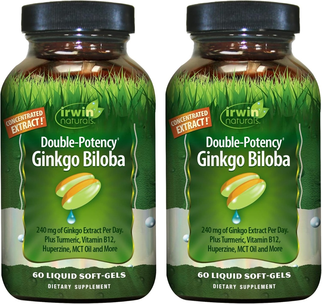 Irwin Naturals Double-Potency Ginkgo Biloba – 60 Liquid Soft-Gels – Brain, Focus & Circulation Support - 2 Pack