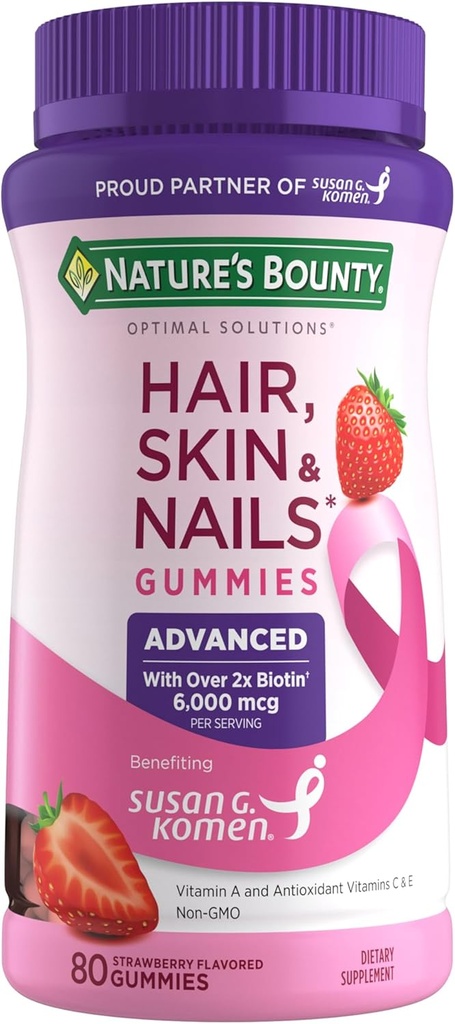 Nature's Bounty Optimal Solutions Advanced Hair, Skin, Nails, 2X Biotin, 80 Strawberry Gummies, 40 Totalサービング