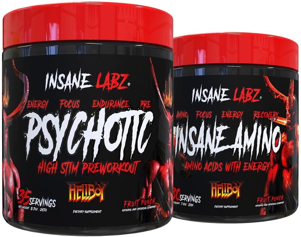 Insane Labz の Hellboy の束、精神的な Hellboy のプレワークアウトおよび Insane のアミノ酸 BCAA、増加筋肉固まり、強さ、焦点および回復時間、フルーツ パンチ