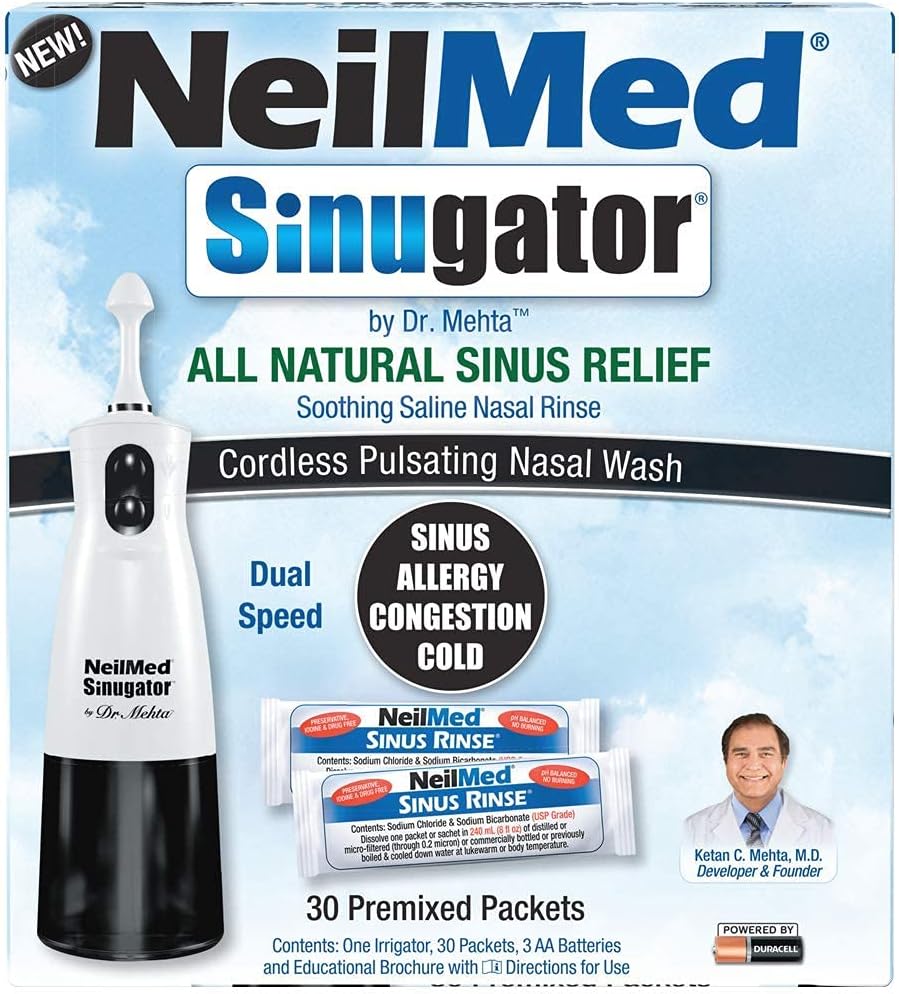 NeilMed Sinugator コードレス 脈動 鼻灌漑器(Dual Speed) 30 Premixed パケットと 3 AA バッテリー - ブラック (パッケージ 1)