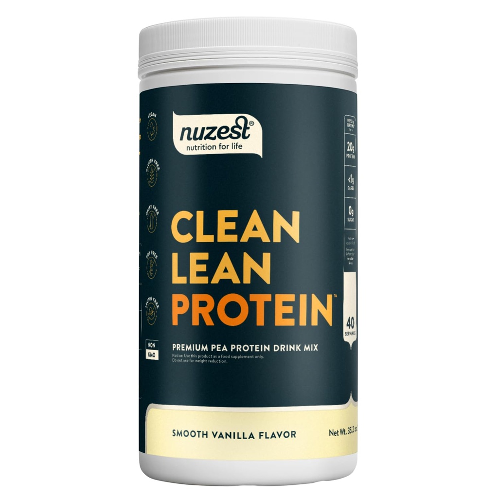 Nuzest - エンドウ豆プロテインパウダー - きれいなリーンプロテイン、プレミアムビーガン植物ベースのプロテインパウダー、乳製品無料、GMOフリー、タンパク質シェイク、スムースバニラ、40サービング、2.2ポンド
