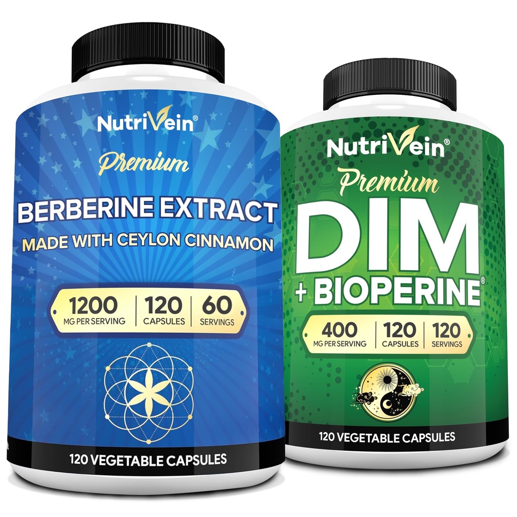 Nutrivein Premium DIM & Berberine サプリメントバンドル: ホルモンバランス、消化レギュレーション、代謝、および全体的なウェルネスの高吸収性バーベリンおよび DIM サプリメント