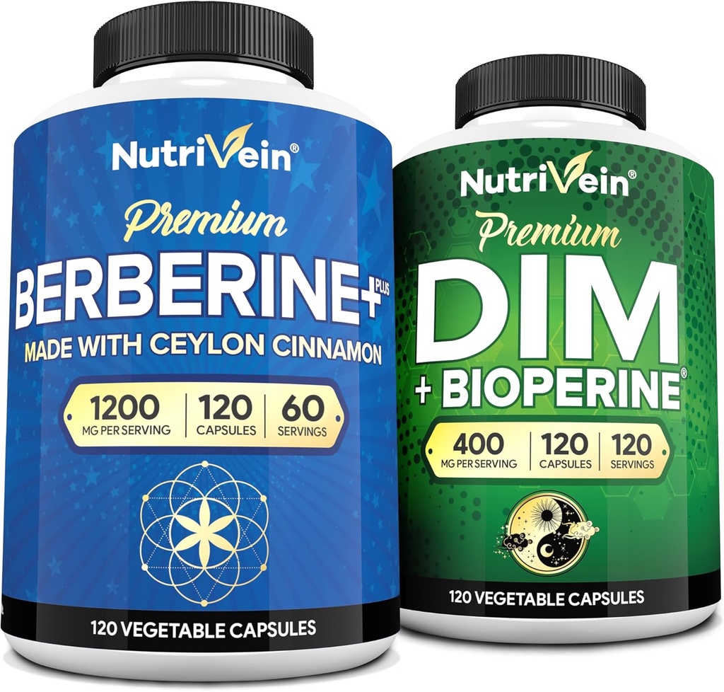 Nutrivein Premium DIM & Berberine サプリメントバンドル: ホルモンバランス、消化レギュレーション、代謝、および全体的なウェルネスの高吸収性バーベリンおよび DIM サプリメント