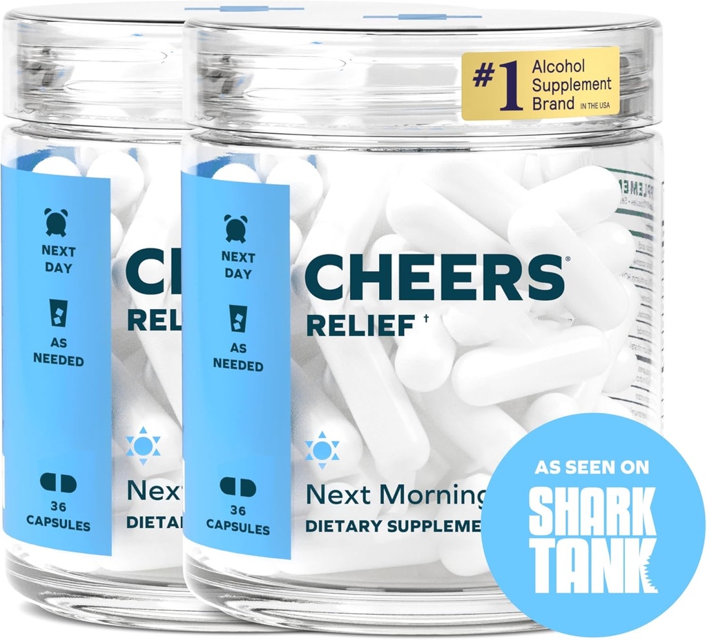 Cheers Relief | Next Morning Aid with Ginger + White Willow Bark | Feel Better After Drinking | 24 Doses | Ginger, White Willow Bark, L-Theanine, Caffeine