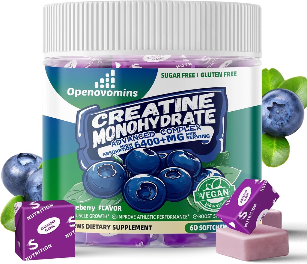 クレアチンの Monohydrate の人の及び女性のための柔らかい咀嚼のコンプレックス 6400mg -Advanced 方式 W/L タウリン + ビタミン B12 の砂糖の自由なChewable 補足、60 の ブルーベリーの Softchews