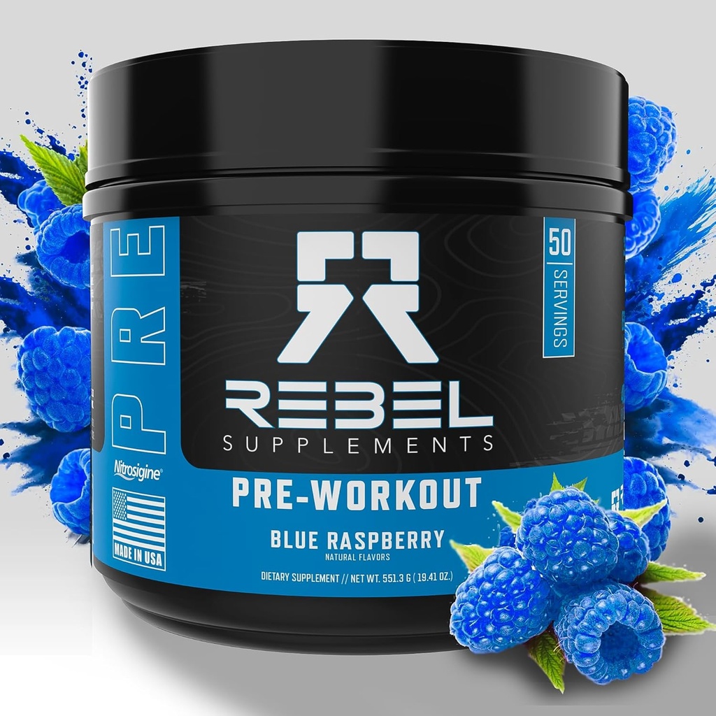 Rebel SupplementsTM Blue Razzは、プレワークアウトをロードしました | エクストリームポンプ、レーザーフォーカス、インサンエネルギー | 7000mg L-Citrulline、4000mg Beta Alanine、1500mg Nitrosigine®、350mgカフェイン | 50 サービング
