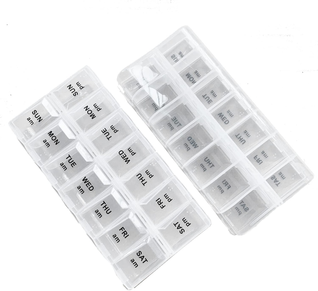 2 Pack OPP Clear Daily Pill Box Organizer, Weekly Pill Organizer 2 Times a Day for Pills, Supplements and Medication, Am Pm Pill Organizer 7 Day, Pill Box 7 Day - 6.7 x 3.2 x 1 inch