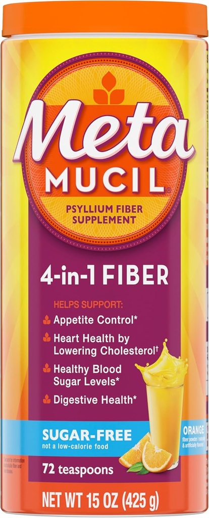 Metamucil 4-in-1のPsylliumのハスク繊維の補足、砂糖なし、72のティースプーン、オレンジ風味付けされた、植物ベースのPsylliumのハスク繊維となされる消化の健康のための毎日の繊維粉