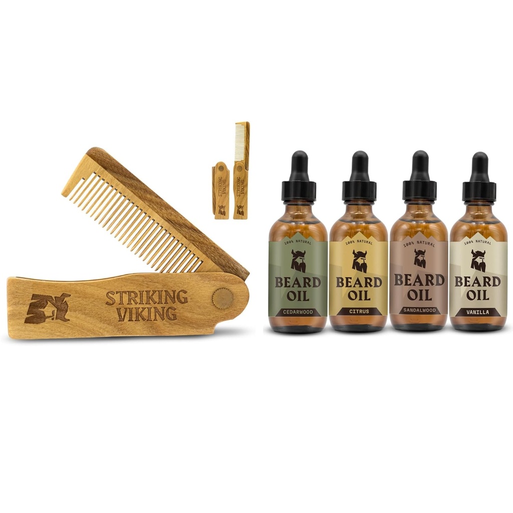 Beard Folding Wooden Comb and 4 Pack Beard Oil for Men - By Striking Vikings