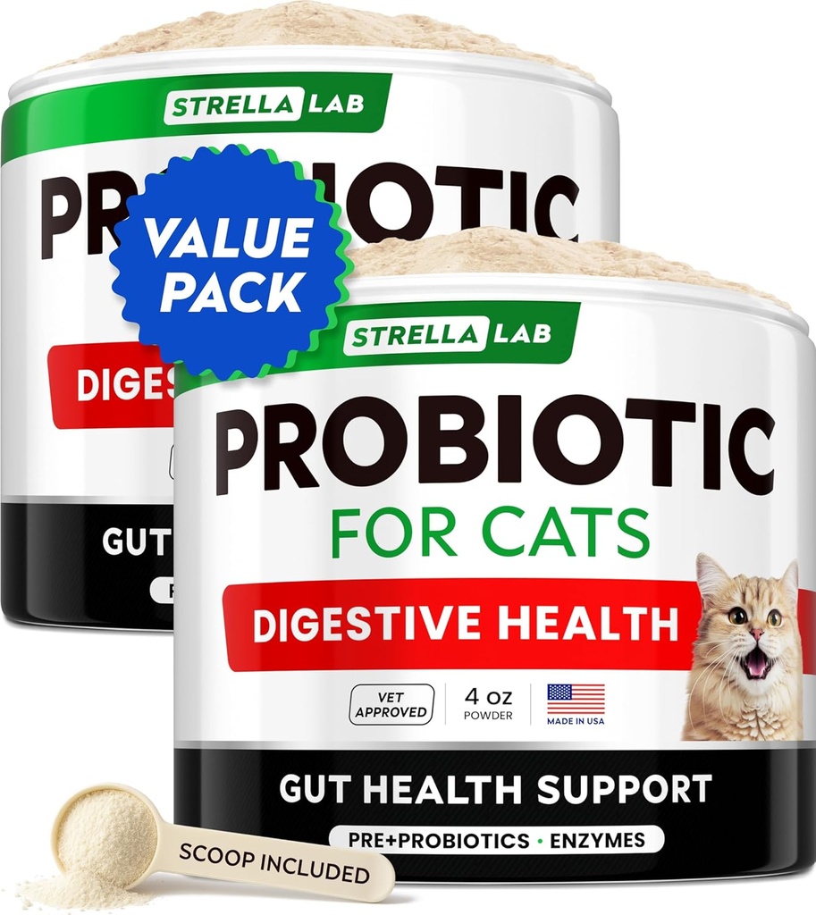 StrellaLab Cat Probiotic Powder - Diarrheaで猫のためのプロバイオティクス - 簡単に粉末を混合 - 屋内猫のための猫のプロバイオティクス、健康食品サプリメント、消化器系サポート(8オンス/パック2)