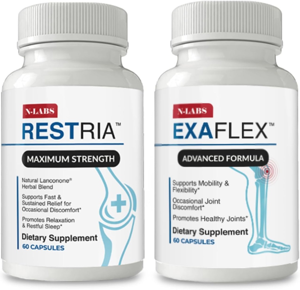 N-Labs Joint Support & Sleep Aid Combo – ExaFlex with Boswellia Extract and Bromelain for Joint Support + Restria with Lanconone Herbal Blend and Sleep Formula for Nighttime Relaxation