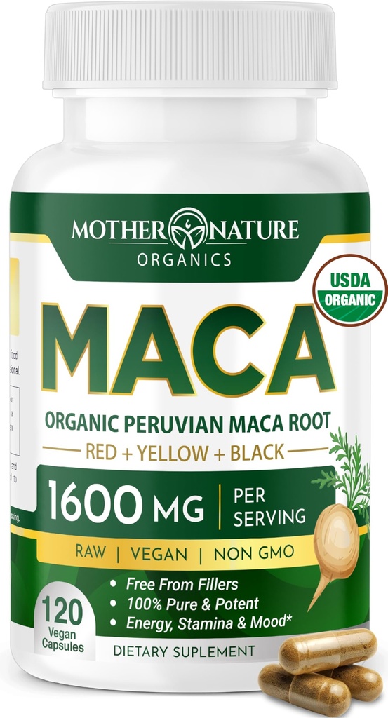 母自然有機マカルートカプセル - 1600mg、120ビーガンカプセル - 非GMOペルーイエロー、男性と女性のための赤と黒マカ - エネルギー、ホルモン、脳&重量ウェルビーイング