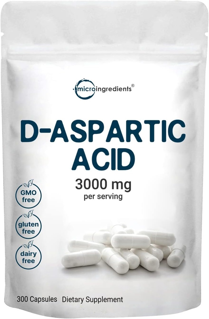Micro Ingredients D-Aspartic Acid 3,000mg Per Serving, 300 Capsules | Pure DAA for Energy, Testosterone & Performance Support | Non-GMO, Gluten-Free, Soy-Free