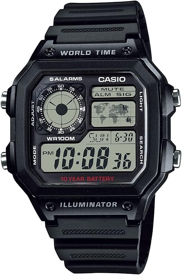 Casio AE1200WHシリーズ | 男子デジタルウォッチ | 100M WR | マルチアラーム | 100 SECストップウォッチ | カウントダウンタイマー | 世界地図 | LEDライト | LCアナログディスプレイ | 10年バッテリー