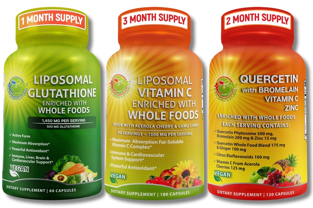 SUPPLEMENTS STUDIO高吸収抗酸化剤&免疫サポートバンドル - リポソマルビタミンC 1500mg +グルタチオン500mg + Bromelainとケルセチン、亜鉛&全フードブレンド - ビーガン、非GMOカプセル