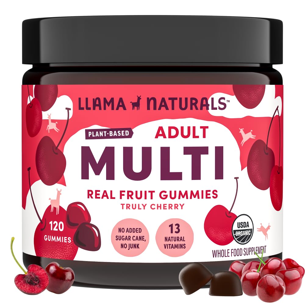 女性と男性のためのLlama Naturals Multivitamin, ビーガン, ビタミンDとオーガニックグミー, CとK, 大人の実質の果実のおいしいビタミン, 咀嚼可能なマルチビタミンサプリメント, 砂糖の杖はありません, チェリー, 120 Ct