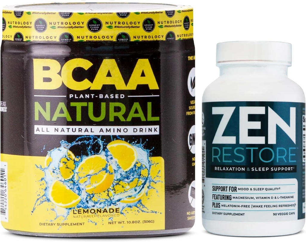 Nutrology Zen Natural Magnesium Supplement (30 Servings) & Nutrology BCAA Natural, Plant Based BCAA Powder, Lemonade Flavor (30 Servings)