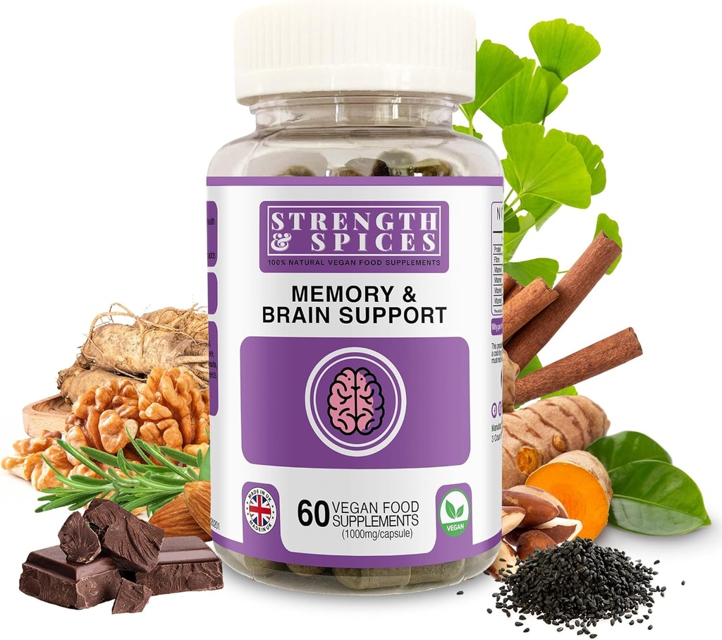 Strength & Spices Memory Booster and Focus Supplement with Ginkgo Biloba and 22 Super Ingredients, Plant-Based Brain Supplement for Memory, Clarity, and Alertness, 1000mg, 60 Capsules