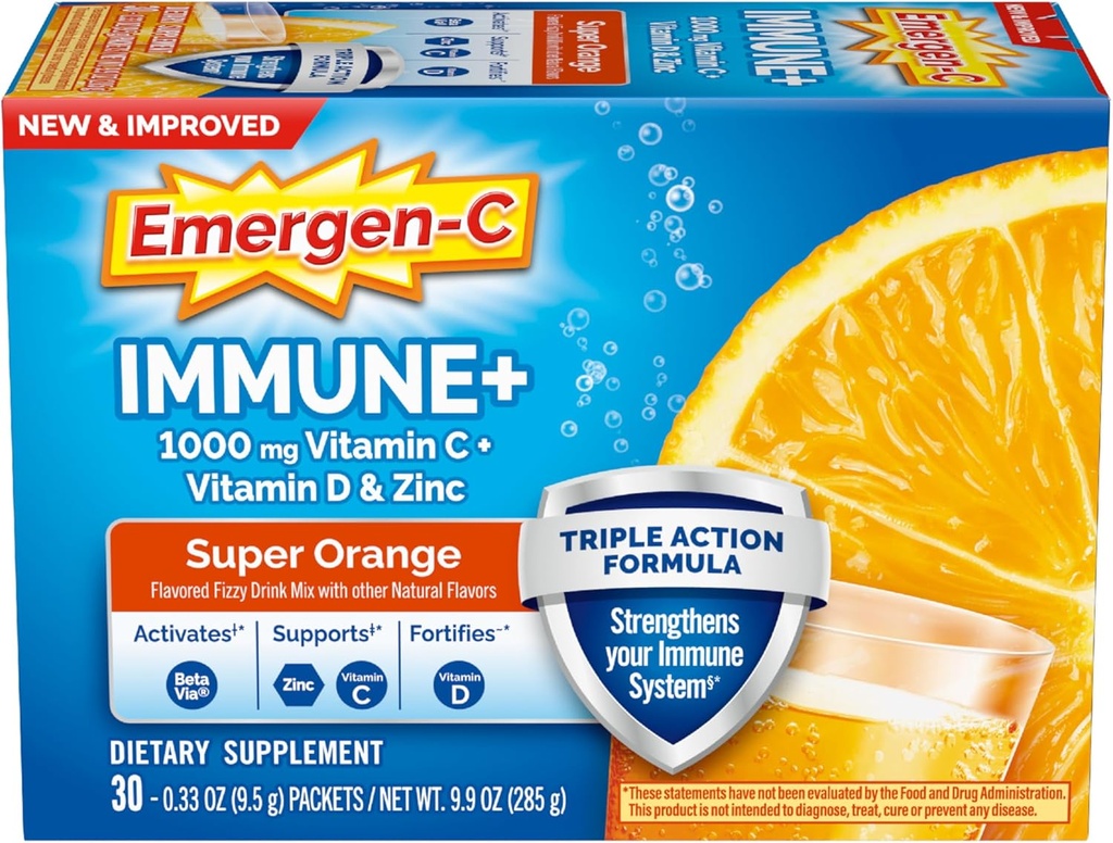 Emergen-C Immune+トリプルアクション免疫サポートパウダー、BetaVia(R)、1000mgビタミンC、Bビタミン、ビタミンD、抗酸化剤、スーパーオレンジ、学校に戻ってエッセンシャル - 30カウント