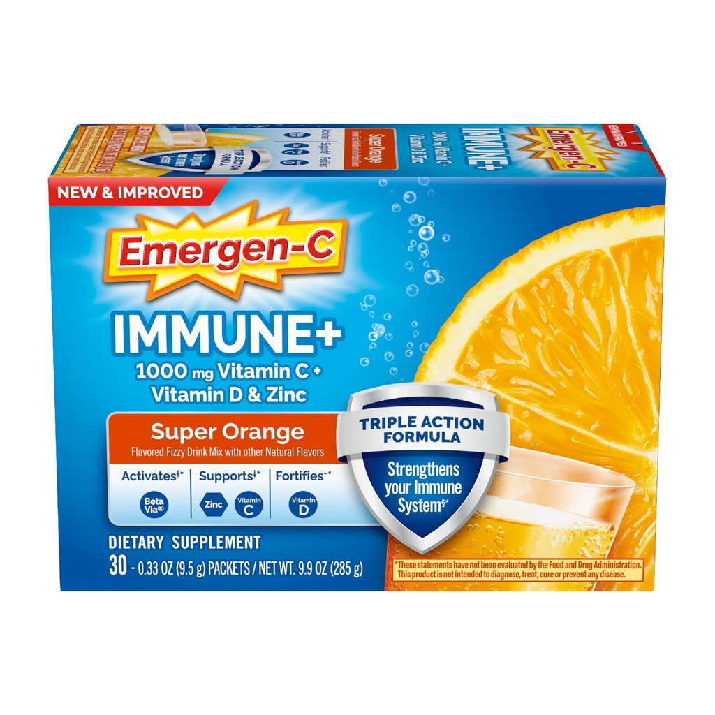 Emergen-C Immune+トリプルアクション免疫サポートパウダー、BetaVia(R)、1000mgビタミンC、Bビタミン、ビタミンD、抗酸化剤、スーパーオレンジ、学校に戻ってエッセンシャル - 30カウント