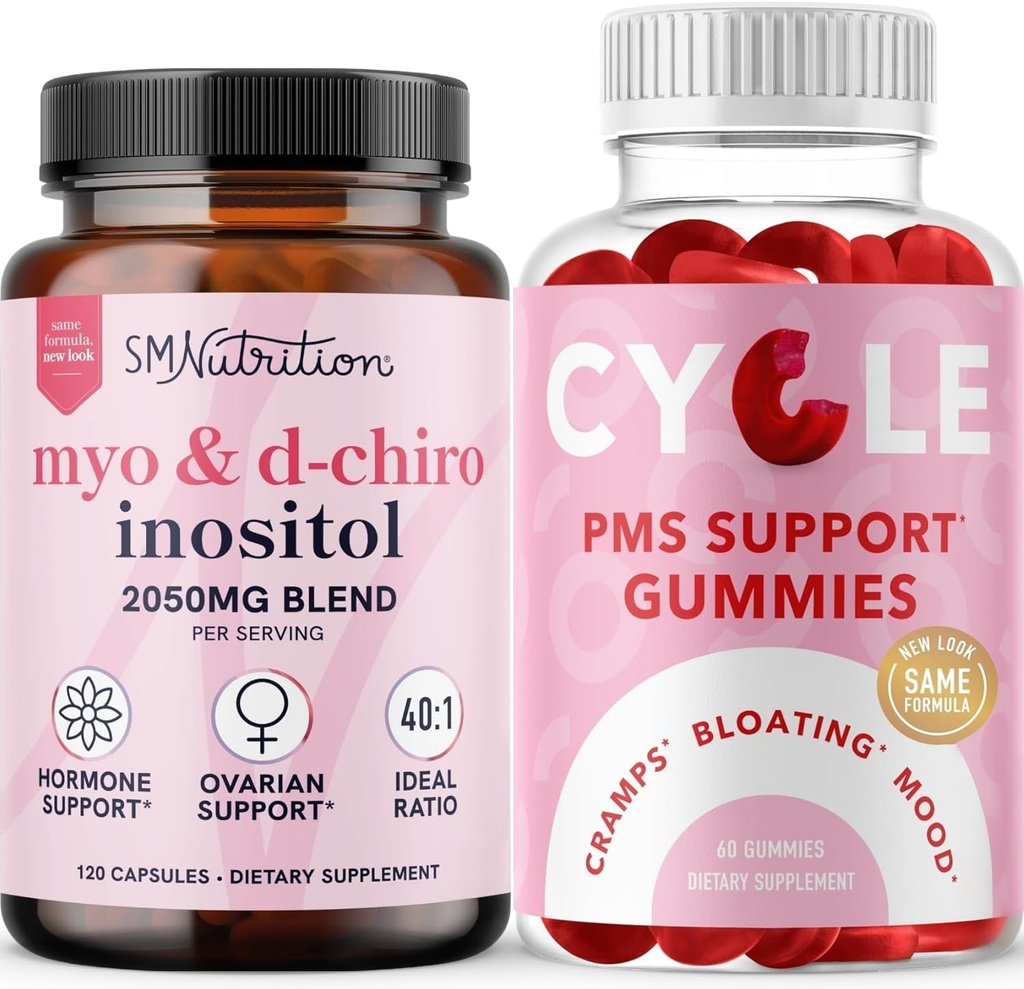 SMNutrition PMSサポートグミー&マイオイノシトール&D-Chiroイノシトール | 40:1レシオイノシトールサプリメント(30サービング)と女性用ハーブサイクルサポートグミー(30サービング)のホルモンバランス調整バンドル