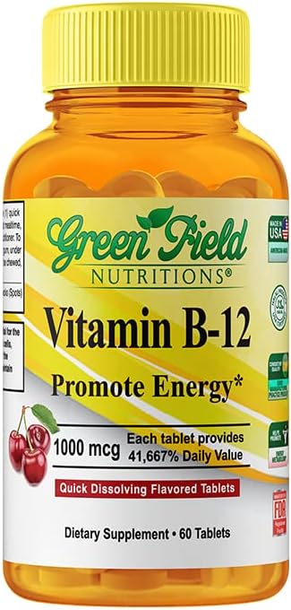 グリーンフィールド栄養ハラールビタミンB12 1000mcg - チェリー風味の高速吸収60サブリンガルB12錠 - 天然B12ハラールビタミン、脳、血液細胞の健康とエネルギー代謝をサポート