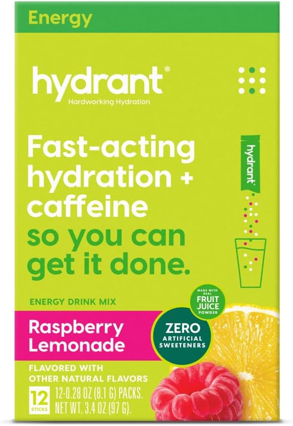 Hydrant - エネルギー電解質の粉、ラズベリーLemonadeの味、12のカフェイン及びL-Theanineのエネルギー再水化の棒のパック-毎日の使用のための低い砂糖のengergizingの粉