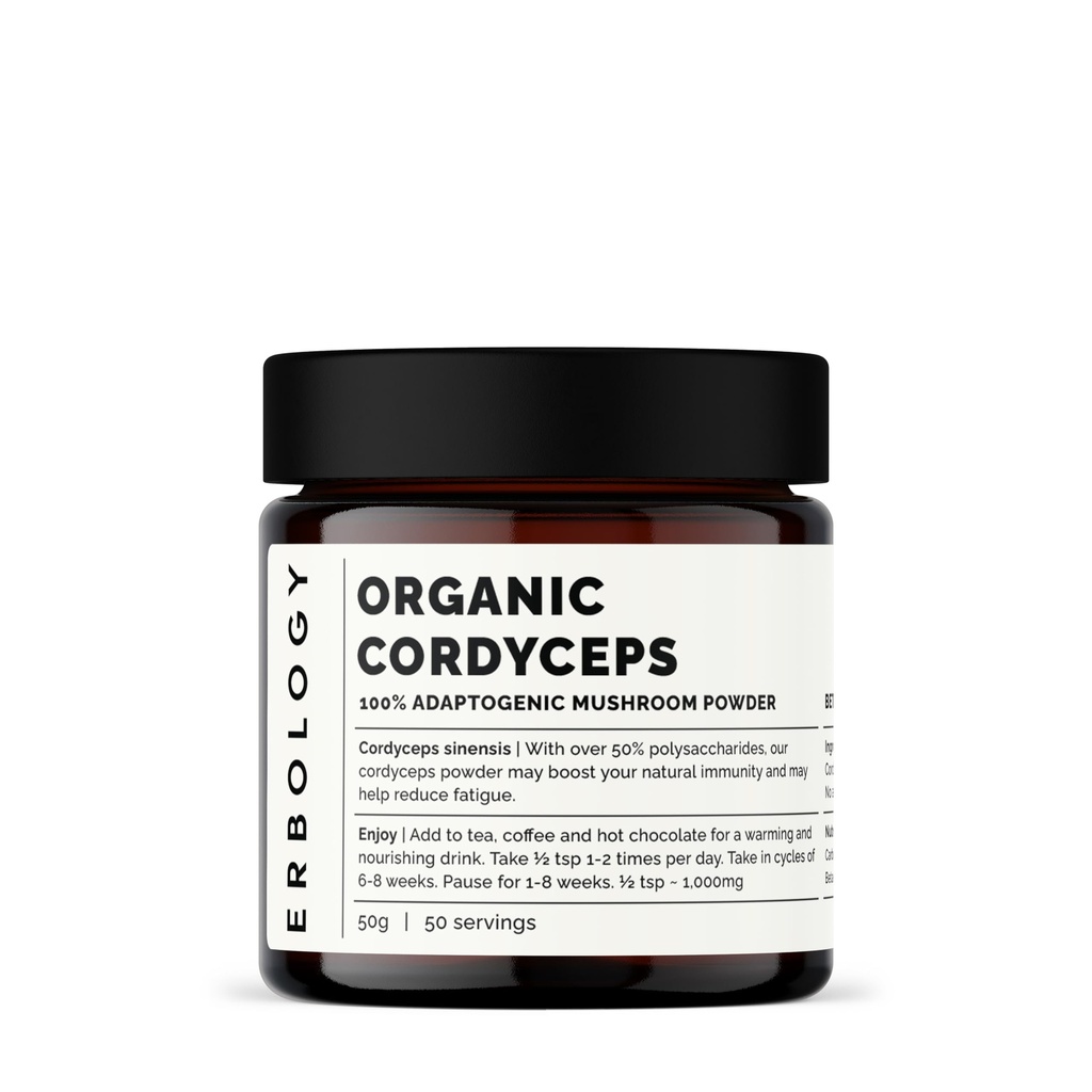 Erbologyの有機コルディプスのきのこの粉50のサービング- 48%ベータ グルカン-エネルギーおよび性能-CordycepsのSinensis-の小さいバッチ-ヨーロッパで持続的に育つ-ビーガン-非GMO -加えられた注入口無し