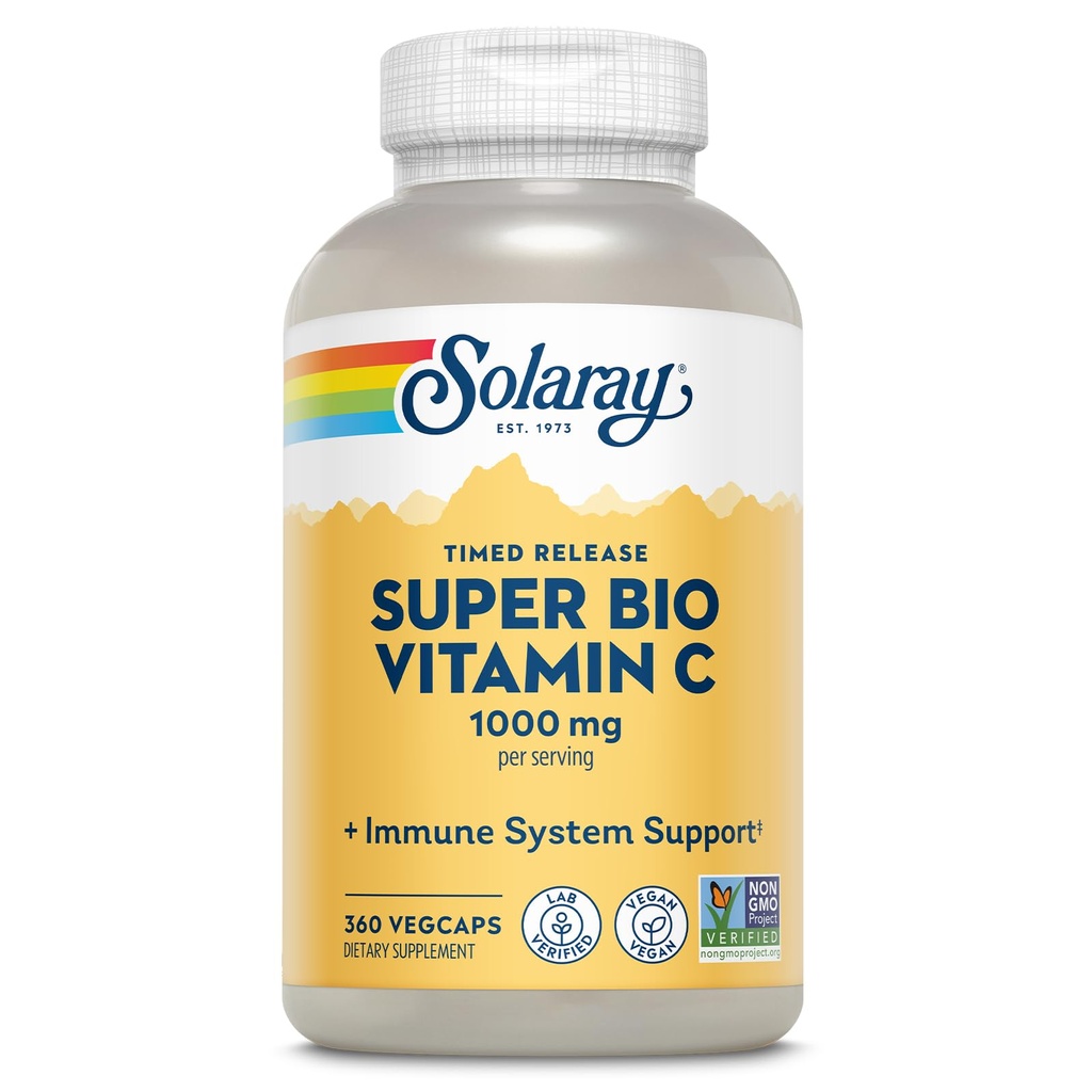 SOLARAYスーパーバイオ緩衝ビタミンC 1000mg、二段、Bioflavonoids、免疫サポートサプリメント付きタイムドリリースビタミンC - 高吸収、ビーガン、60日保証、180サービング、360ベジキャップ180