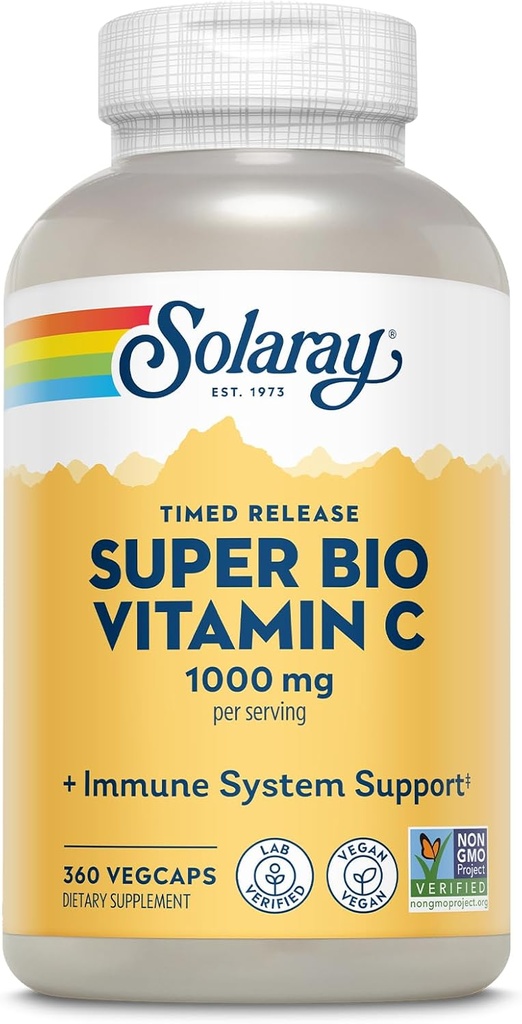 SOLARAYスーパーバイオ緩衝ビタミンC 1000mg、二段、Bioflavonoids、免疫サポートサプリメント付きタイムドリリースビタミンC - 高吸収、ビーガン、60日保証、180サービング、360ベジキャップ180