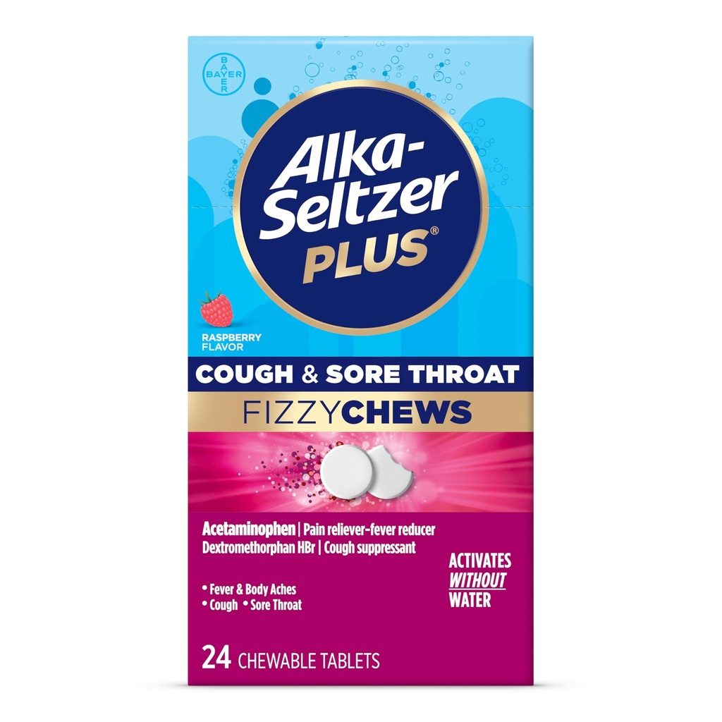 Alka-seltzer Plus Cough & Sore Throat Fizzy Chews, No Water Needed, On the Go Sore Throat Edward for 大人, Raspberry Flavor, 24 カウント