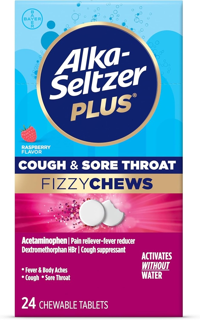Alka-seltzer Plus Cough & Sore Throat Fizzy Chews, No Water Needed, On the Go Sore Throat Edward for 大人, Raspberry Flavor, 24 カウント