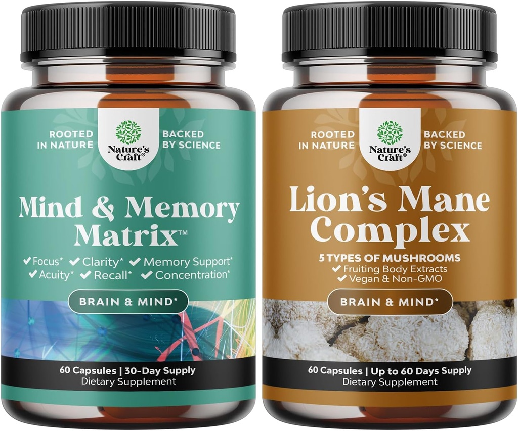 Bundle of Advanced Nootropics Brain Support Supplement with Memory & Focus Vitamins and Advanced Lion's Mane Mushroom Supplement with Reishi, Chaga, Maitake & Shiitake for Memory Support & Focus