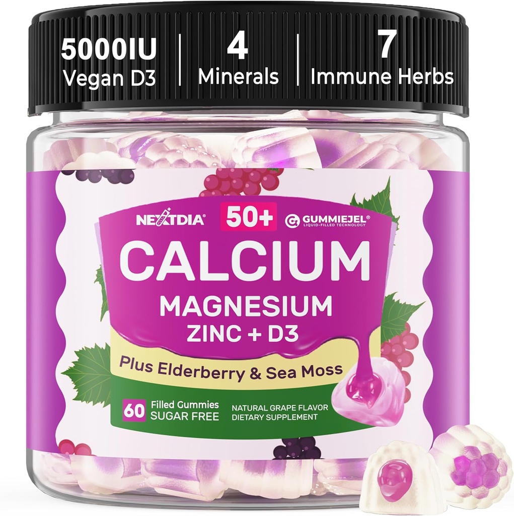 カルシウムは女性のためのグミを補います & 男性 50+, ビタミンD3とカルシウムのクエン酸塩1000mg, マグネシウム, 亜鉛, エルダーベリー, 骨密度の高い吸収カルシウム咀嚼, 筋肉をリラックス, 免疫, ビーガン60cts