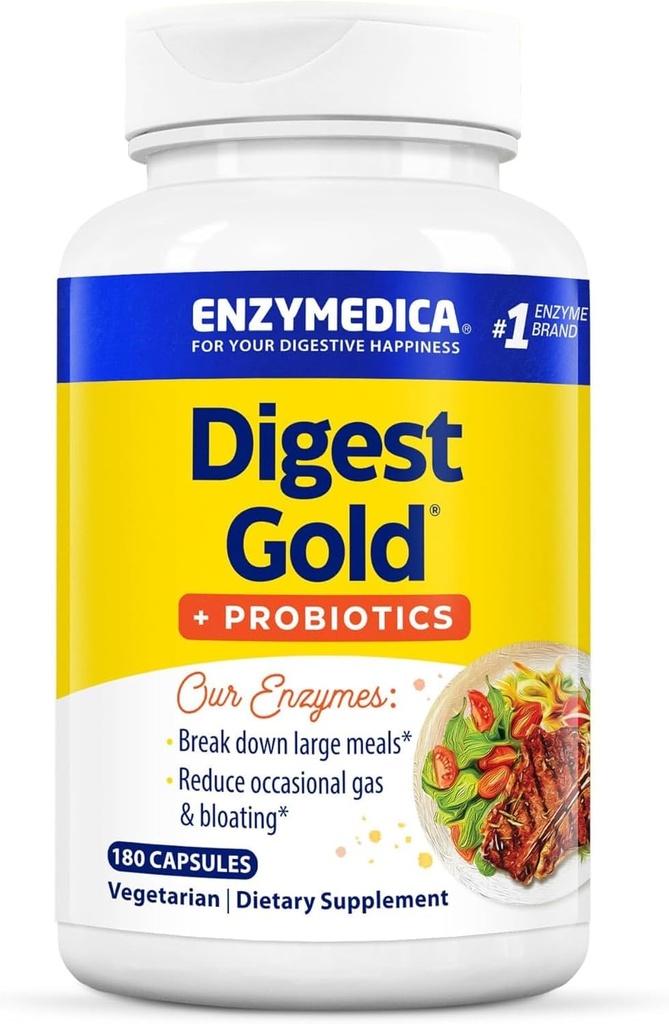 Enzymedica のダイジェストの金 + プロバイオティクス、Gut の健康のための 2-in-1 の方式、消化酵素及び活動的なプロバイオティックの文化、180 の計算