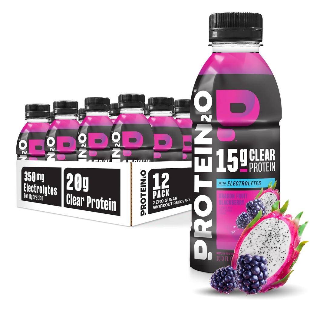 Protein2o Hydration Drink - 2-in-1 液体クリアウィープロテイン アイソレートと電解液ドリンク - 15g プロテイン、ビタミンB5、B6 - ポストワークアウトの回復 - 16.9 Fl Oz - 12 カウントドラゴンフルーツブラックベリー