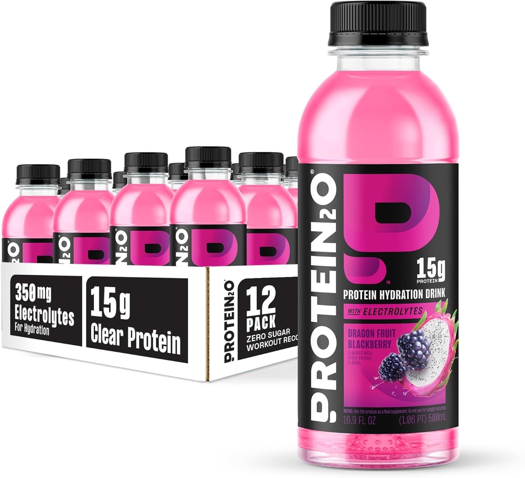 Protein2o Hydration Drink - 2-in-1 液体クリアウィープロテイン アイソレートと電解液ドリンク - 15g プロテイン、ビタミンB5、B6 - ポストワークアウトの回復 - 16.9 Fl Oz - 12 カウントドラゴンフルーツブラックベリー
